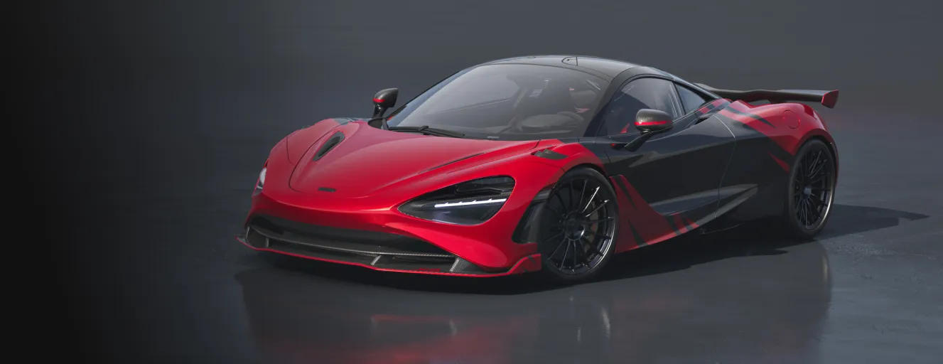A red and black McLaren 720S supercar shown from a high-angle front view in a dark, professional studio.